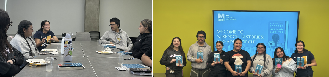 Images displaying students around a table discussing the book and students holding up the book for the picture