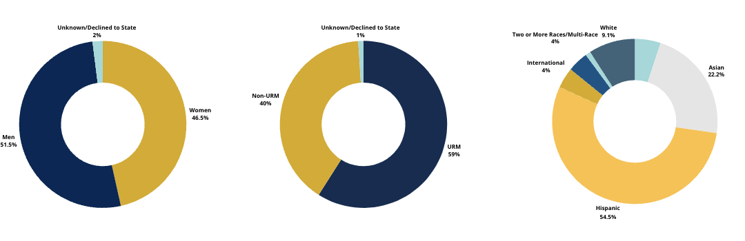 Three pie charts showing student gender and race/ethnicity demographics
