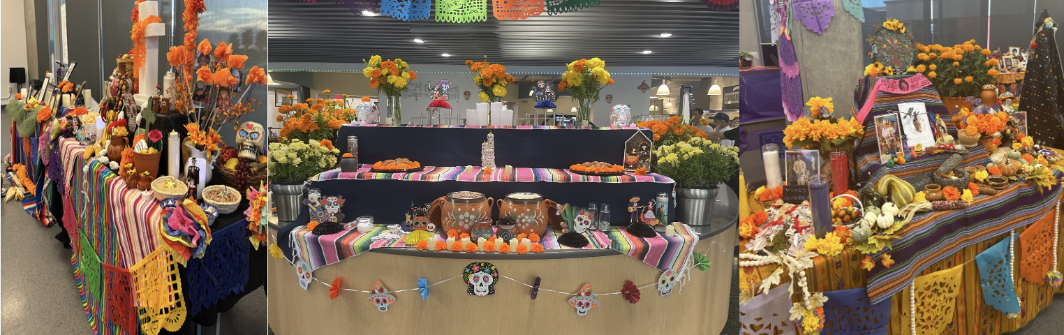 Colorful images displaying three ofrendas set up by our campus community