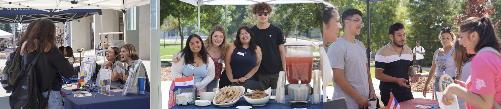 Left image: students interacting with a student organization at their table, Middle Image: EJIE student staff at the EJIE table; Right image: displays students interacting at a student organization table.