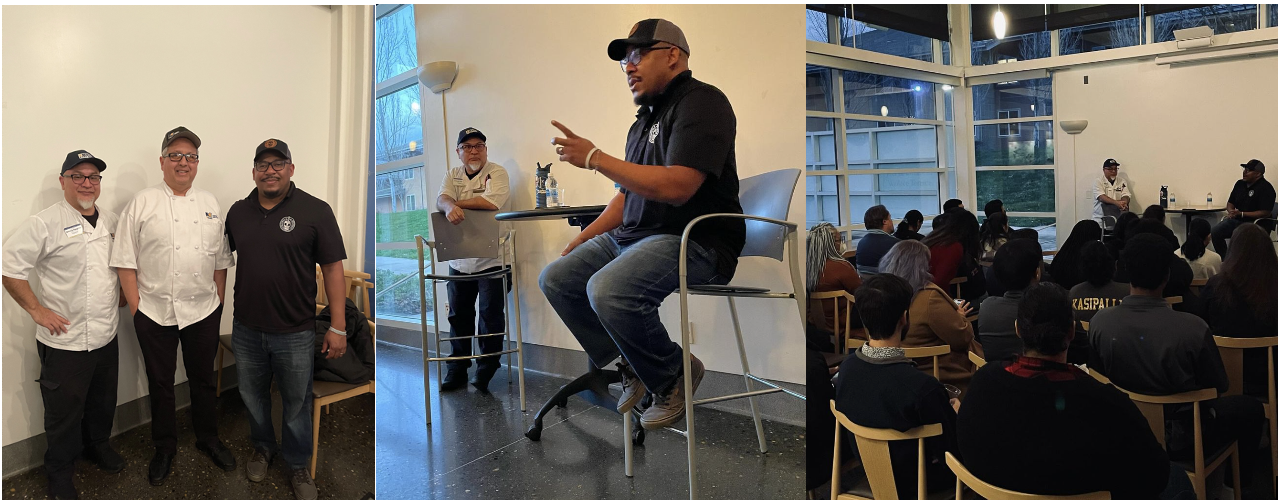 Images from the event. The first one features UCM Merced chefs along with speaker, Arthur Moye III, the second image shows speaker answering a question and the third pictures attendees at the event listening to speaker.
