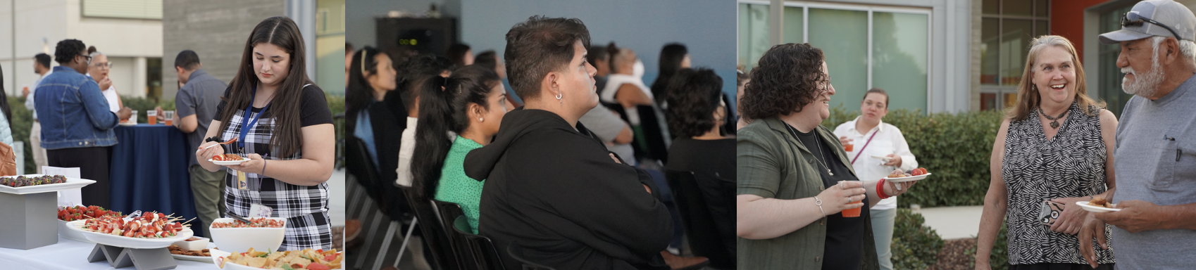 Image displaying various strawberry inspired food, people actively watching the film, and community members interacting with the director of the film