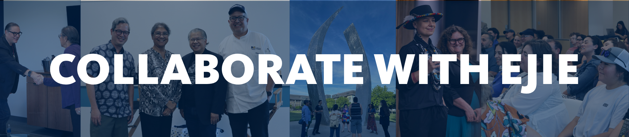 Photo collage banner with the phrase "Collaborate with us" in white lettering centered.