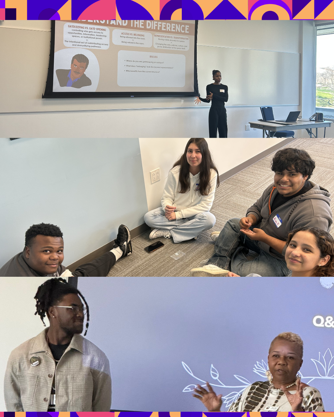 Flyer highlighting scholar presentations at the Black Excellence Symposium. Three photos show presenters leading educational sessions, participants engaged in small-group discussion, and a speaker participating in a Q&A. Presentation slides are displayed on screens in classroom settings. Purple, pink, and gold geometric patterns border the top and bottom of the design.