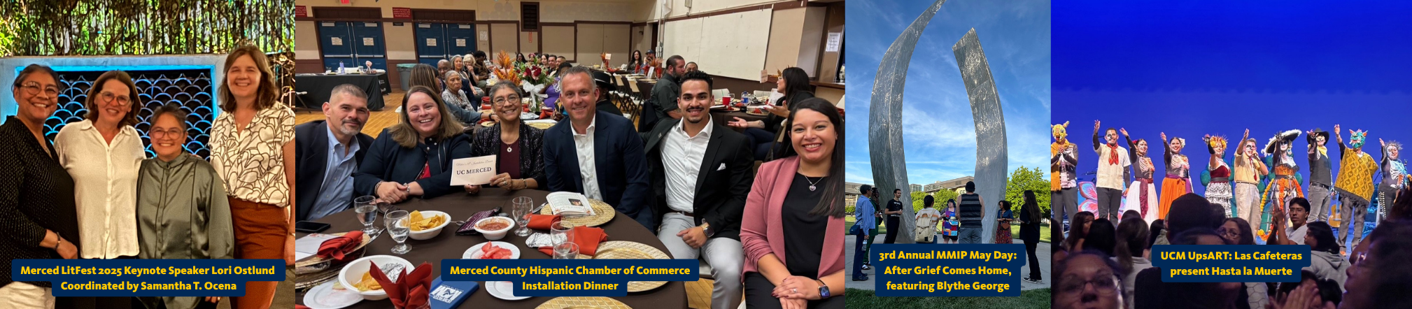 Photo collage featuring EJIE co-sponsored community events, including Merced LitFest, the Merced County Hispanic Chamber of Commerce Installation Dinner, an MMIP awareness program, and a UC Merced UpStart cultural performance.