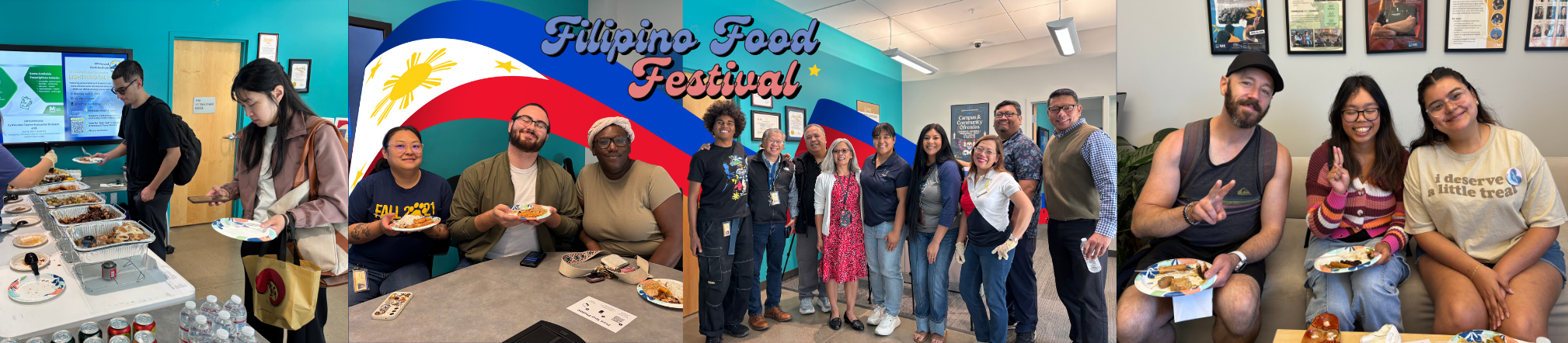 Photo collage from a Filipino Food Festival at UC Merced. Images show attendees serving and enjoying Filipino dishes, participants gathering for group photos, and community members connecting during a cultural celebration.