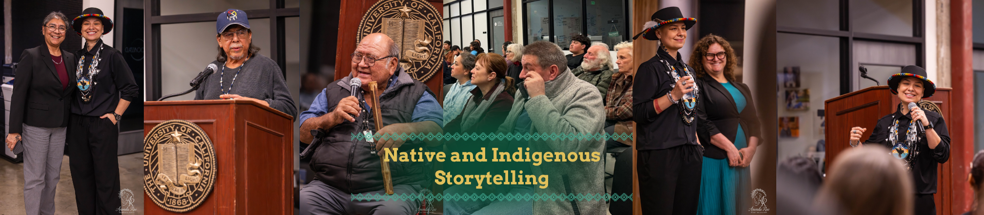 Photo collage from a Native and Indigenous Storytelling event at UC Merced. Images show speakers presenting at a podium, audience members participating in discussion, and event presenters sharing stories and perspectives. The program highlighted the role of storytelling in preserving knowledge, culture, history, and community connections.