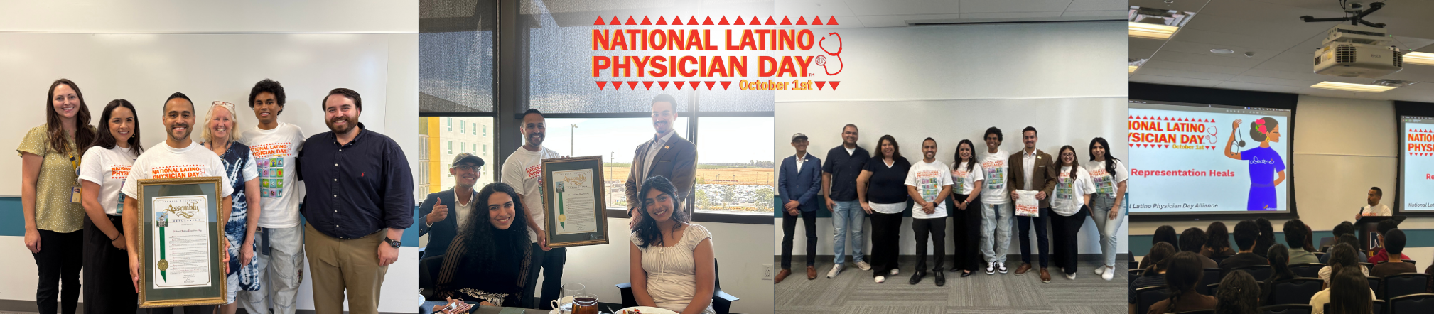 Photo collage from a National Latino Physician Day event. Images show participants posing with a certificate of recognition, group photos of organizers and attendees, and a presentation on the importance of Latino representation in healthcare. The event celebrated the contributions of Latino physicians and encouraged future generations to pursue careers in medicine.
