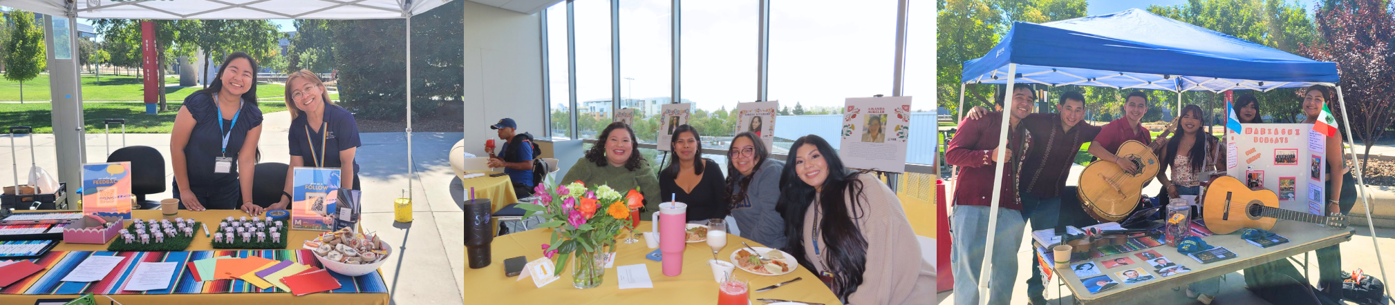 Website banner featuring latinx kickoff and latinx luncheon. The picture to the left has two students tabling from CAPS and they have a cultural activity at their table. The picture in the middle is from latinx luncheon, its a group photo of 4 friends. They are sharing a meal and celebrating honoree Maricela Melendrez. The picture to the right is from latinx kickoff, and its the student club bobcats los mariachis sharing information about their club.