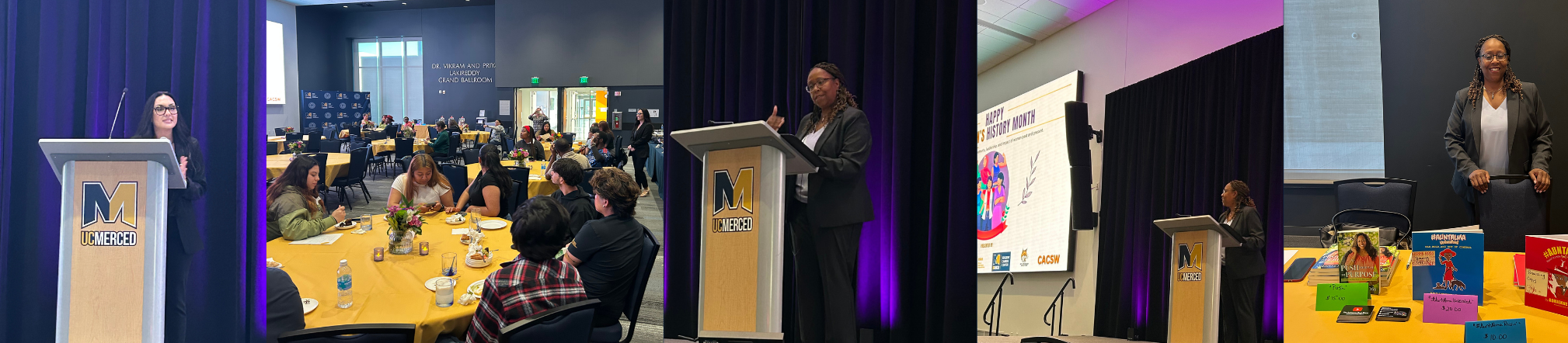 Photo collage from a Women’s History Month event at UC Merced. Images show a speaker presenting from a podium, attendees gathered for a luncheon and discussion, a presentation screen recognizing Women’s History Month, and a display table featuring books and educational resources.