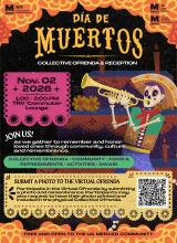 Flyer for UC Merced's Día de los Muertos Collective Ofrenda and Reception on November 2, 2026, from 1–3 PM in the TRV/Commuter Lounge.