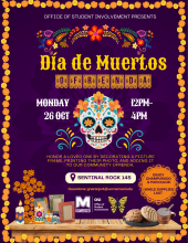Flyer for a Día de Muertos Ofrenda decorating event presented by the Office of Student Involvement. The design features a purple background bordered with marigolds and colorful floral artwork surrounding a decorated sugar skull. Event details: Monday, October 26, from 12:00-4:00 PM in Sentinel Rock 145. Participants are invited to honor a loved one by decorating a picture frame, printing a photo, and contributing it to a community ofrenda. Additional graphics include candles, marigold flowers, decorated pic